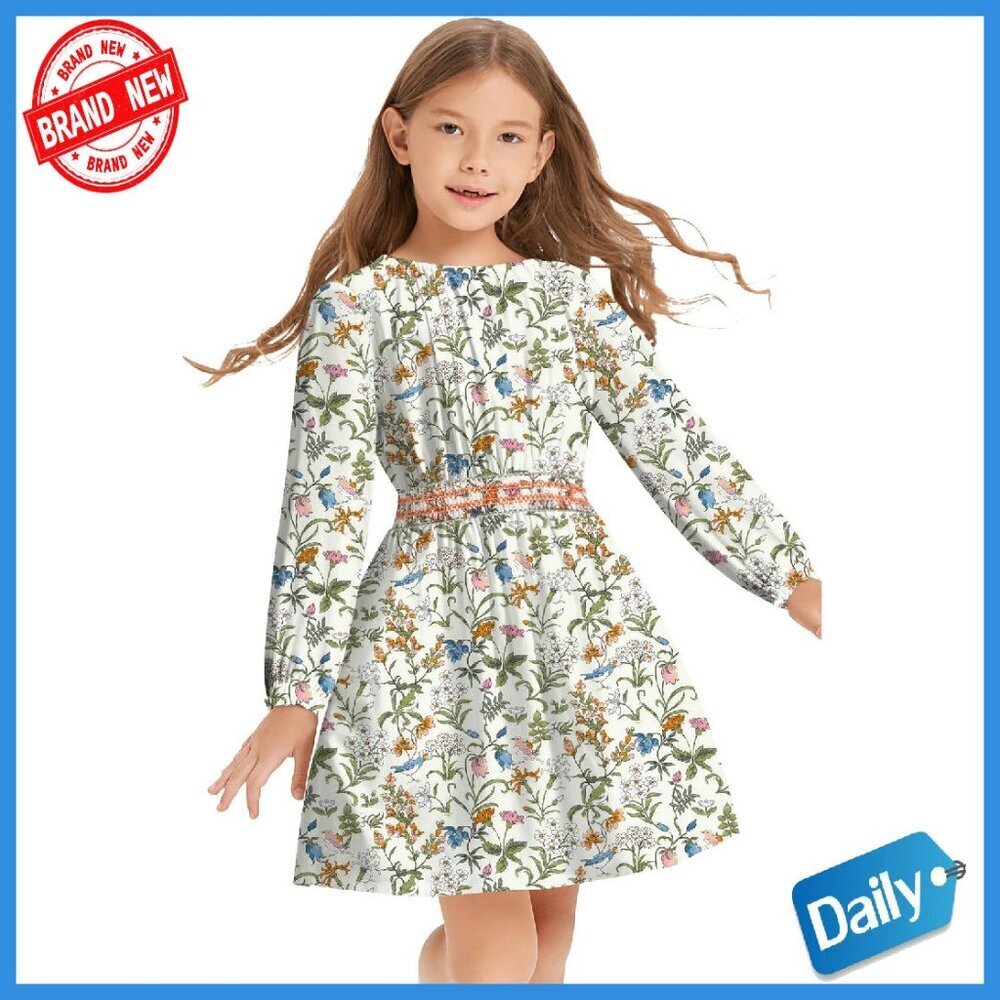 Girls Floral Smocked Waist Midi Dress with Pockets Soft Viscose